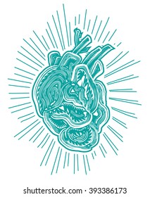 Abstract human heart, lino cut effect, vector illustration
