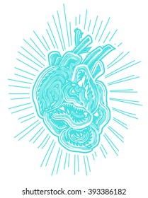 Abstract human heart, lino cut effect, vector illustration
