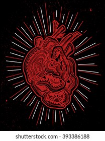 Abstract human heart, lino cut effect, vector illustration