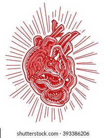 Abstract human heart, lino cut effect, vector illustration