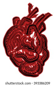 Abstract human heart, lino cut effect, vector illustration