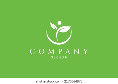 Abstract human logo with leaf. Gym, sports, fitness, healthcare, physiotherapy and active people vector icon