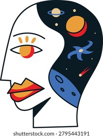 Abstract human mind concept illustration featuring planets, stars, celestial bodies and deep space inside a stylized profile. Cosmic thinking, imagination, universe exploration, astronomy, future vision and limitless potential theme.