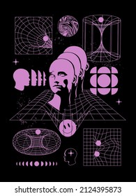Abstract human mind and imagination mental concept with human head silhouette surrounded by the set of the abstract shape constructions on black background. Vector illustration