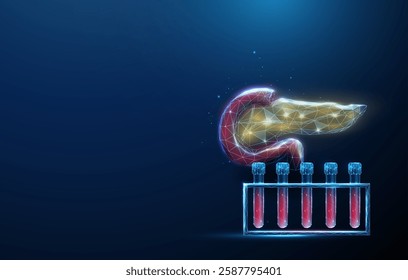 Abstract human pancreas with blood sample rack. Blood analysis and pancreatic health, medical diagnostics concept. Low poly style. Geometric background. Wireframe graphic connection structure. Vector.