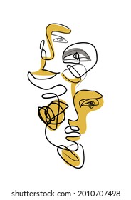 Abstract human portrait part scribbles poster. Modern female face, eyes, lips in one line drawing on doodle blob background. Contemporary vector illustration for fashion design, urban street wallpaper