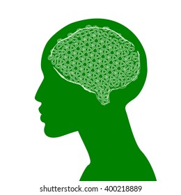 Abstract human profile. Brain with structure of stylized hearts. The concept of love to nature, environmental awareness, alternative lifestyle, healthy life, thinking green. Vector illustration.