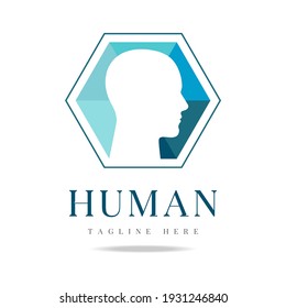 Abstract human profile silhouette head logo blue color on book background.Design template icon for business company.Identity sign education, school, science,improvement,innovation.Vector illustration.
