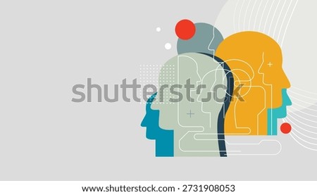 Abstract human profiles. Illustration on the theme of  the digital technology , artificial intelligence, machine learning, computer network concepts.