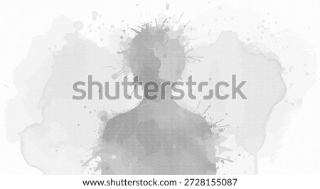 Abstract human silhouette formed by grayscale watercolor splashes and halftone dots isolated on transparent background, Vector