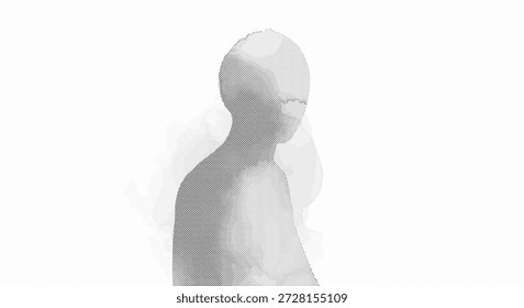 Abstractas silueta humana con textura de semitono que representa el anonimato y la presencia digital aislada sobre fondo transparente, Vector