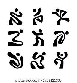 Abstract human silhouettes in dynamic poses, bold black shapes conveying energy, dance, and expressive movement in minimalist style.