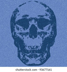 Abstract human skull print on textured striped blue jeans denim linen fabric background. Vector.
