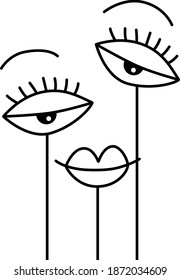 Abstract human smiling face. Minimalist illustration lips and eyes. One line drawing.