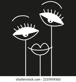 Abstract human smiling face. Minimalist illustration lips and eyes. Black and white. Black background. One line drawing.