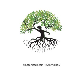 Resumen Logo de árbol humano con forma circular. Ilustración única del vector de árbol seco, árbol abstracto dibujado a mano con forma de mujer. 