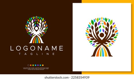 Resumen de la plantilla de diseño del logotipo de árbol humano. Divertido y colorido logo de la hoja humana.