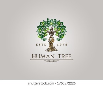 Abstract Human Tree Logo. Unique Tree Vector Illustration With Circle And Abstract Woman Shape.  