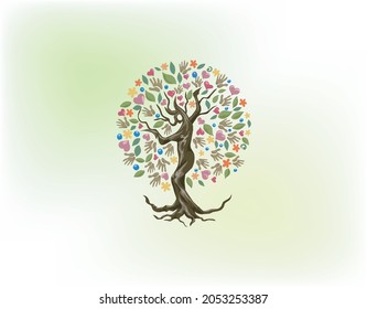 Abstract Human tree logo. Unique dryad Tree Vector illustration, hand drawn colorful tree with circular shape. 