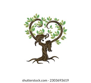 Abstract Human tree logo. Unique Tree Vector illustration of a mother holding baby.