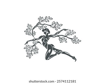 Abstract Human tree logo. Unique Tree Vector hand drawn illustration and abstract dancing woman tree shape.	