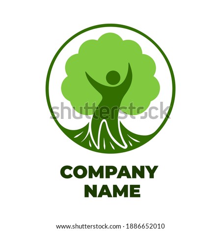 Abstract Human tree logo. Unique vector illustration of a tree with a circle and an abstract person hands up in the crown, and feet go into the roots. Suitable for companies dealing with health, ecolo