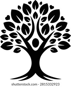 Abstract human tree symbol with heart leaves, a simple and elegant growing life tree icon, representing community, nature love, and interconnectedness. design ideal for various projects on ecology, family, or wellness.