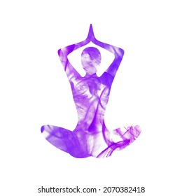 Abstract human yoga shape in lotus pose with halftone smoke. Stock vector illustration.