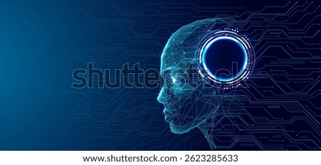 An abstract humanoid robot face with a circle light neon HUD element into a head. Digital brain concept. AI agent or asisstent. Artificial Intelligence cyborg. Technology blue vector illustration.