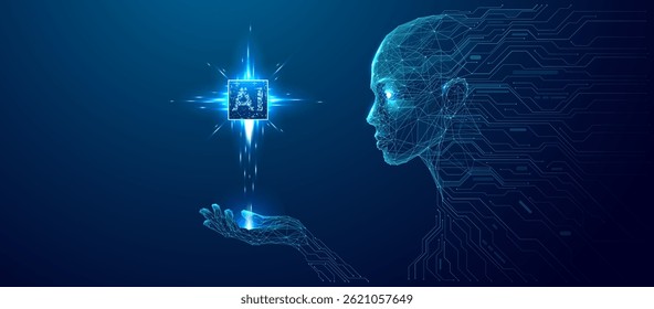 Um robô humanoide abstrato segura um semicondutor de IA com luz brilhante em uma palma. Ciência ou Inteligência Artificial Conceito de inovação. Ilustração de vetor de wireframe de baixo poli. Fundo da tecnologia azul.