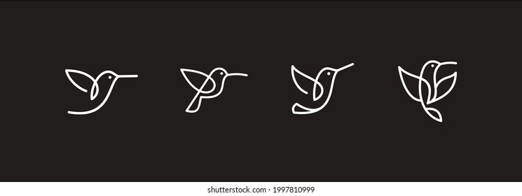 arte de la línea vectorial de ave de zumbido abstracto, diseño de arte de pared de colibri, ilustración del icono de la línea de pájaro mínima aislada en fondo negro