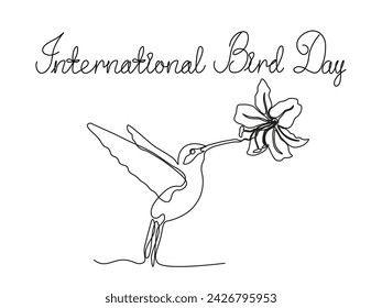 Colibrí abstracto, dibujo de una sola línea continuo dibujo a mano boceto, logotipo en blanco y negro del Día Internacional de las Aves.