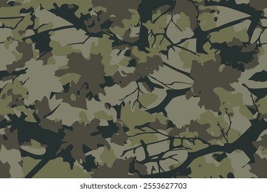 Abstract hunting camouflage, seamless texture, military camouflage pattern, Army or hunting dark khaki green camo clothes. Camouflage wallpaper for textile and fabric. Fashion camo style. Vector