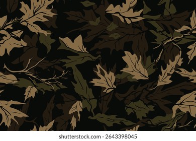  Abstract hunting camouflage, seamless texture, military camouflage pattern, Army or hunting dark khaki green camo clothes. Camouflage wallpaper for textile and fabric. Fashion camo style. Vector