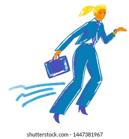 Abstract hurrying business lady in blue suit with laptop case. Stress, deadline, time is now. Finance, broker, deal. Lifestyle painting for design, articles, presentation, banner, advertising, cover