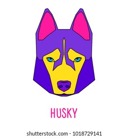 Abstract husky dog head. Husky dog portrait painted in imaginary colors for design birthday gift card, modern party invitation, banner, scrapbook, t shirt, bag print, art workshop advertising flyer.