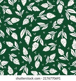 Abstract hyacinth flower seamless repeat pattern. Random placed, vector botany all over surface print on green background.