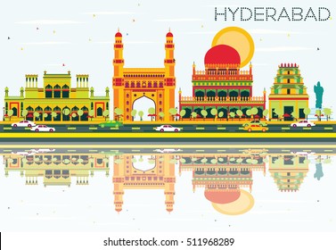 Abstract Hyderabad Skyline with Color Landmarks and Reflections. Vector Illustration. Business Travel and Tourism Concept with Historic Architecture. Image for Presentation Banner Placard and Web Site