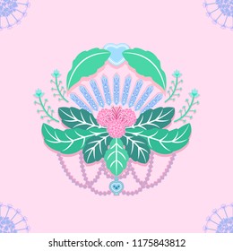 Abstract hydrangea, leaves, heart shape, perfume bottle and blue wood chips illustrations. Vector seamless pattern.