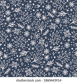 ABSTRACT HYGGE CHRISTMAS New Year Winter Holiday Floral Hand Drawn White Ornament On Dark Blue Background Cartoon Seamless Pattern Vector Illustration For Print