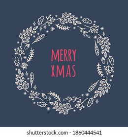 ABSTRACT HYGGE WREATH Seasonal Floral New Year Bouquet Branches And Leaves On A Dark Blue Background With Handwriting Text Vector Illustration For Print