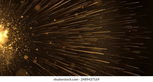 Abstract hyperspace glowing line explosion effect. Golden speed rays fast motion star sun burst