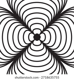 Padrão de Ilusão Óptica Preto e Branco Hipnótico Abstrato, Vetor Geométrico de Linha Curva de Radiação Simétrica.