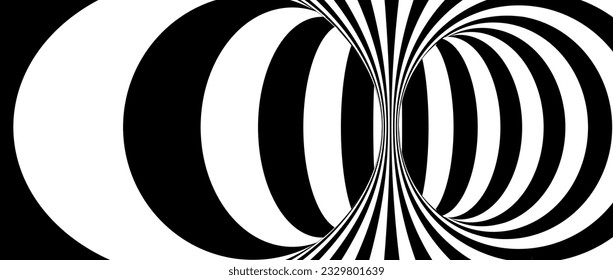 Resumen hipnótico de fondo de líneas distorsionadas. Papel tapiz del túnel de ilusión óptica en blanco y negro. Patrón de rayas torcidas psicodélicas. Plantilla horizontal para carteles, carteles, portada. Vector