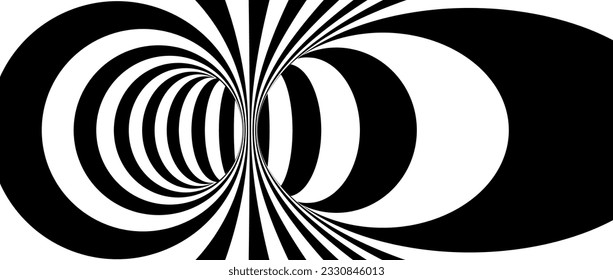 Abstract hypnotic distorted lines background. Black and white optical illusion tunnel wallpaper. Psychedelic twisted stripes pattern. Horizontal template for posters, banners, covers. Vector op art