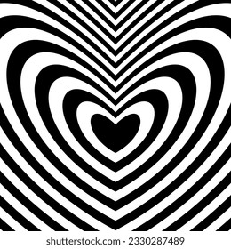 Abstract hypnotic heart background. Valentines optical illusion pattern. Black and white heart-shaped op art design for poster, banner, template. Vector illustration wallpaper