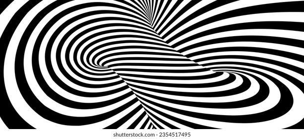 Abstract hypnotic lines background. Black and white spinning tunnel wallpaper. Psychedelic twisted stripes pattern. Rotating spiral knot template for poster, banner, cover. Vector optical illusion