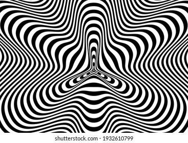 Abstract hypnotic pattern with black-white striped lines. Psychedelic background. Op art, optical illusion. Modern design, graphic texture.