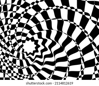 Abstract hypnotic pattern with black-white striped lines. Psychedelic background. Op art, optical illusion. Modern design, graphic texture.