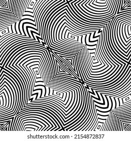 Abstract hypnotic pattern with black-white striped lines. Psychedelic background. Op art, optical illusion. Modern design, graphic texture.